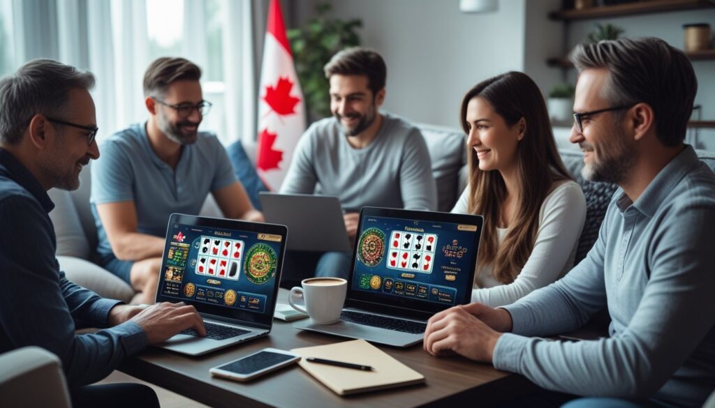 A diverse group of adults using laptops and smartphones to play online casino games in a cozy living room with a small Canadian flag on the table.